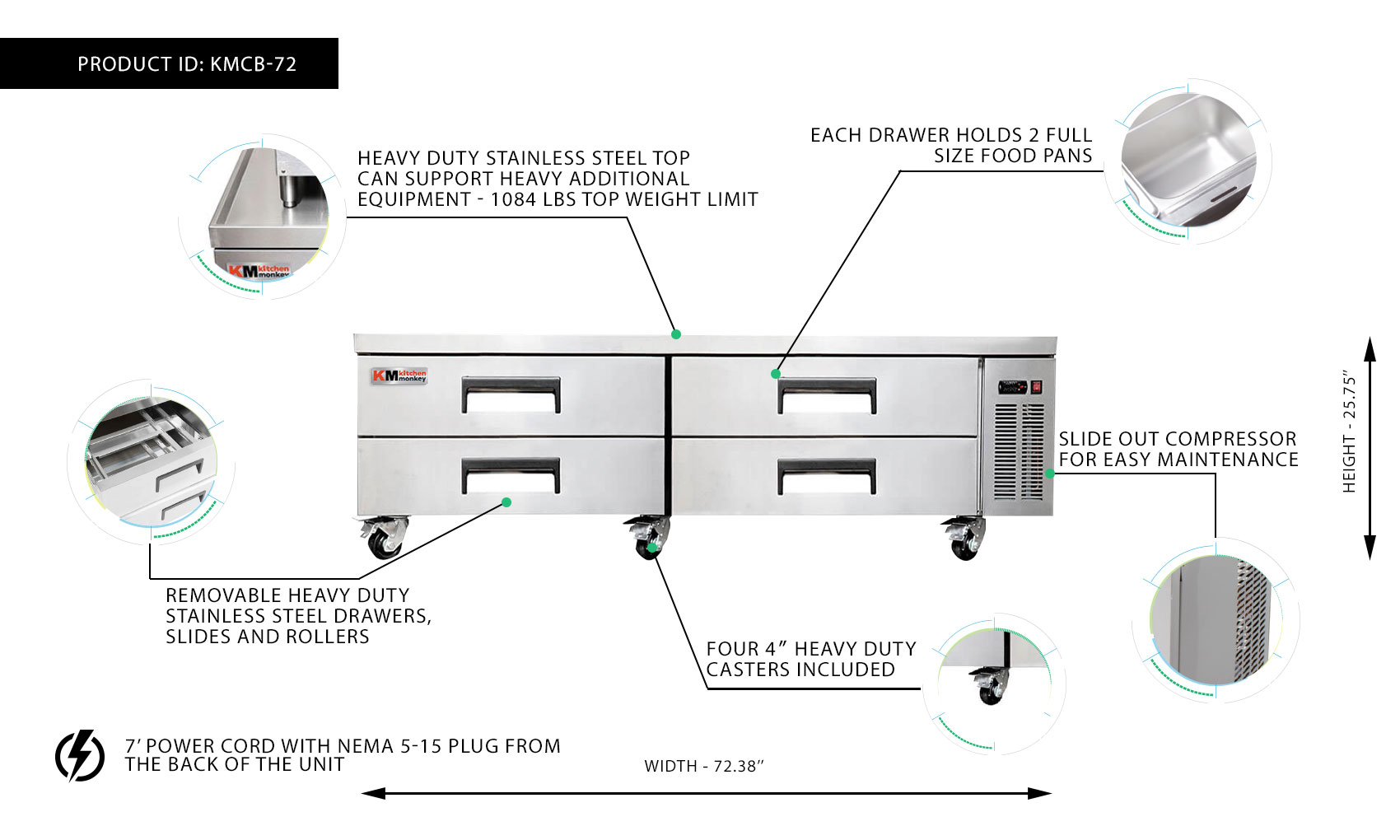 Kitchen Monkey KMCB-72 72 Inch 4 Drawer Refrigerated Chef Base