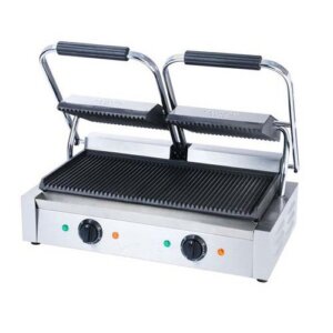 Kitchen Monkey KMSG-813 Countertop Double Sandwich Grill, Grooved Cast Iron Plates - 120v, 1750W