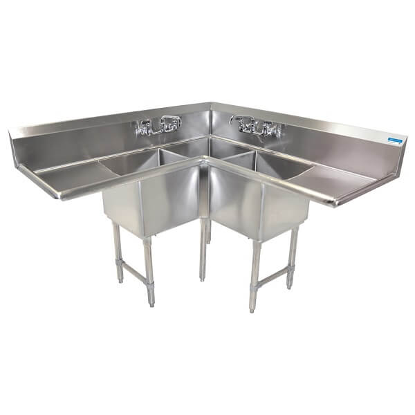 Corner Sink 3 Compartment 18x18x14 Bowls Two 18 Inch Drainboard
