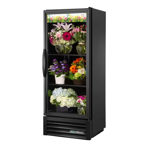 True GDM-12FC-HC-TSL01 24 7/8" Black Glass Door Floral Case with 2 Shelves and Hydrocarbon Refrigerant, White - 115V